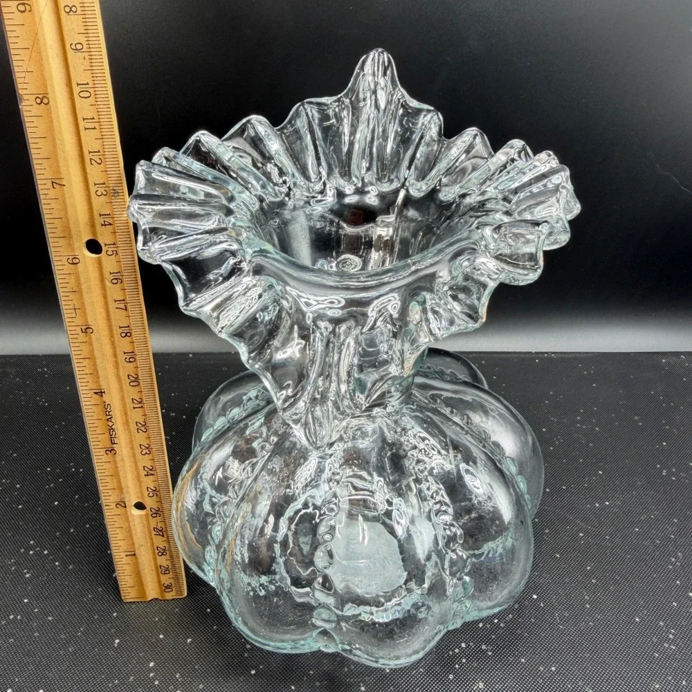 Clear Glass Ruffled Vase Hobnail Lobed Pumpkin‎ Base Heavy 8 Inch Vessel VTG